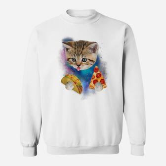 Funny Galaxy Cat Shirt | Space Cat Eat Pizza And Taco Shirt Sweatshirt | Crazezy