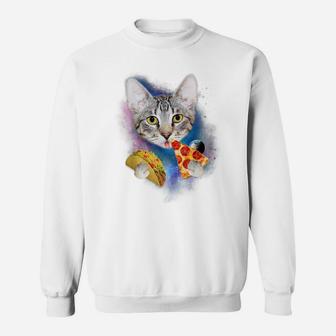 Funny Galaxy Cat Shirt | Space Cat Eat Pizza And Taco Shirt Sweatshirt | Crazezy