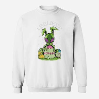 I Believe Bunny Rabbit Alien Easter Egg Hunting Funny Sweatshirt | Crazezy UK