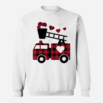 Kids Fire Truck Buffalo Plaid Valentines Day Mom Dad Son Sweatshirt | Crazezy
