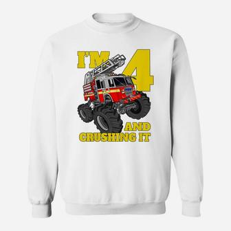 Kids Monster Fire Truck 4Th Shirt Birthday Boy 4 Firefighter Gift Sweatshirt | Crazezy DE
