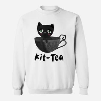 Kit-Tea Kitty Lovers Funny Black Cat Dark Grey Teacup Cute Sweatshirt | Crazezy
