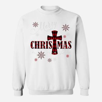 Merry Christmas Cross Buffalo Plaid Christian Holiday Gift Sweatshirt Sweatshirt | Crazezy DE