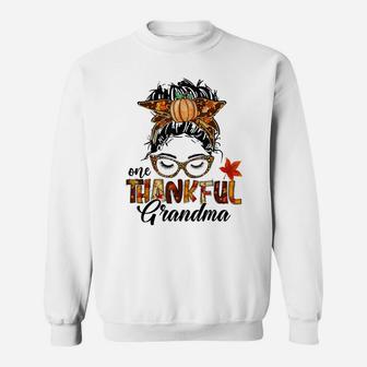 One Thankful Grandma Messy Bun Funny Fall Autumn Sweatshirt | Crazezy AU