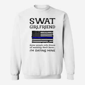 Proud Swat Girlfriend Special Forces Us Flag Thin Blue Line Raglan Baseball Tee Sweatshirt | Crazezy