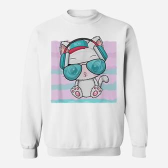 Rave Kitty Cat Pastel Blue Pink Wave Headphones Music Lovers Sweatshirt | Crazezy CA