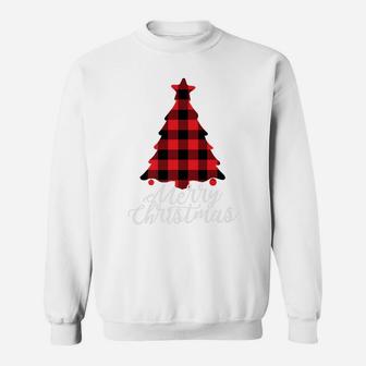 Red Buffalo Check Plaid Merry Christmas Tree Holiday Gift Sweatshirt | Crazezy AU
