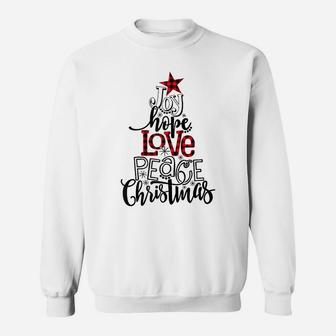 Red Plaid Joy Hope Love Peace Christmas Tree Family Pajamas Raglan Baseball Tee Sweatshirt | Crazezy DE