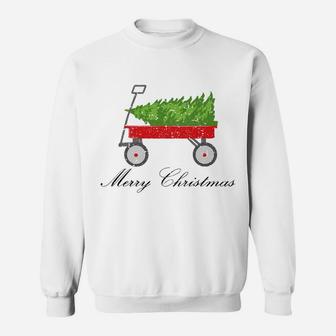 Red Wagon Bringing Home Christmas Tree Sweatshirt | Crazezy