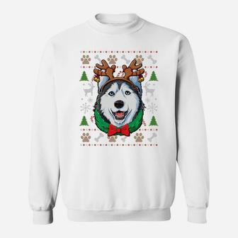 Siberian Husky Ugly Christmas Reindeer Antlers Xmas Women Sweatshirt Sweatshirt | Crazezy