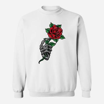 Skeleton Hand Holding A Red Rose Flower Cool Aesthetic Sweatshirt | Crazezy DE