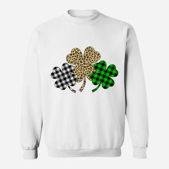 Three Shamrocks Leopard Buffalo Plaid St Patrick Day Gift Sweatshirt | Crazezy