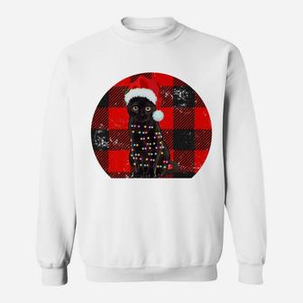 Vintage Black Cat Christmas Lights Plaid Cat Lover Christmas Sweatshirt | Crazezy