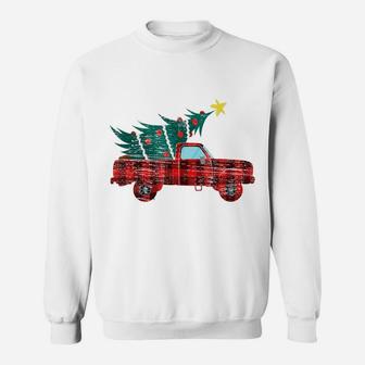 Vintage Red Truck Merry Christmas Tree Red Buffalo Plaid Sweatshirt | Crazezy DE