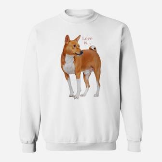 Womens Love Is Basenji Shirt Dog Mom Dad Puppy Cute Pet Valentines Sweatshirt | Crazezy