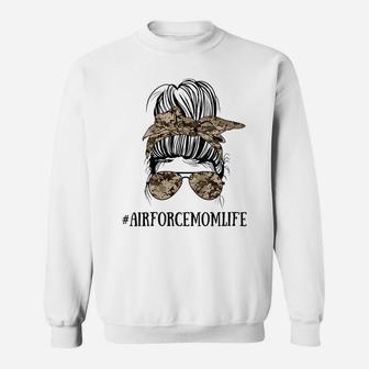 Womens Messy Bun Life Of A Proud Air Force Mom Mother's Day Sweatshirt | Crazezy