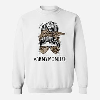 Womens Messy Bun Life Of A Proud Army Mom Mother's Day Military Sweatshirt | Crazezy AU