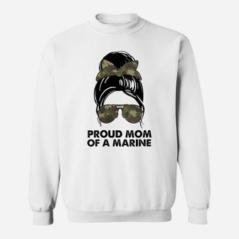 Womens Proud Mom Of A Marine Messy Bun Camouflage Military Women Sweatshirt | Crazezy