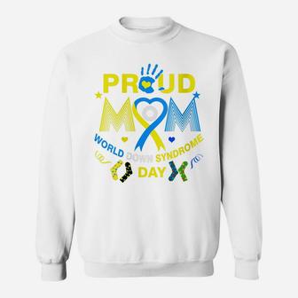 Womens Proud Mom Ribbon Yellow Blue Heart Down Syndrome Day Trisomy Sweatshirt | Crazezy AU