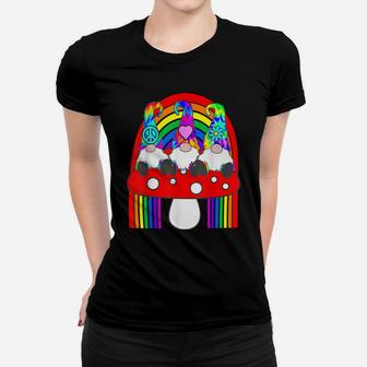 3 Hippie Gnomes On Mushroom Under Rainbow Whimsical Women T-shirt | Crazezy