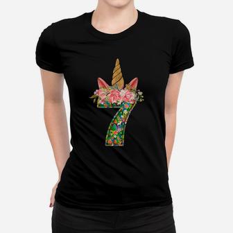 7Th Birthday Girl 7 Years Old Awesome Unicorn Flower Bday Women T-shirt | Crazezy