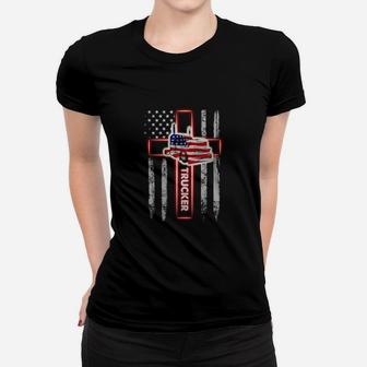 American Flag Trucker The Cross Women T-shirt - Thegiftio