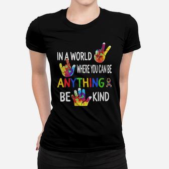 Autism Awareness In World Be Kind Asl Language Puzzle Ribbon Women T-shirt - Monsterry