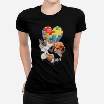 Autism Awareness Mommy Dog With Baby Puppy Puzzle Heart Love Shirt Women T-shirt - Monsterry