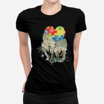 Autism Awareness Mommy Elephant With Baby Puzzle Heart Love Women T-shirt - Monsterry CA