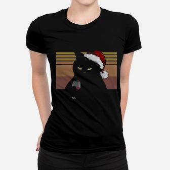 Awesome Black Cat Santa Drinking Wine Because Murder Is Wrong Vintage Women T-shirt - Monsterry