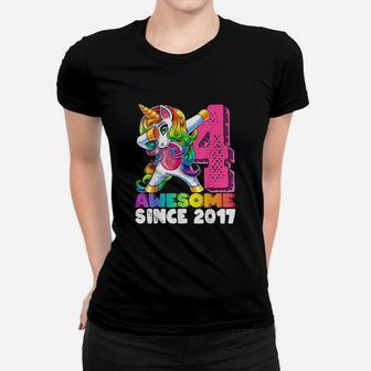 Awesome Since 2017 Dabbing Unicorn 4Th Birthday Gift Girls Women T-shirt | Crazezy