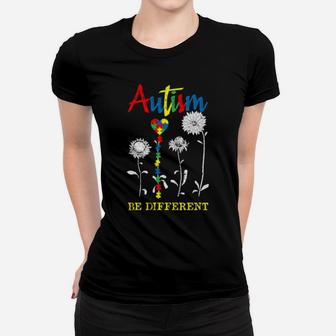 Be Different Autism Awareness Puzzle Heart Sunflower Women T-shirt - Monsterry