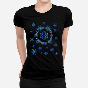 Beautiful Blue Falling Snowflakes Winter Season Snow Lover Women T-shirt | Crazezy
