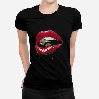 Biting The Red Lipstick Lips Women T-shirt | Crazezy