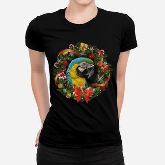 Blue & Gold Macaw Parrot Christmas Wreath Sweatshirt Women T-shirt | Crazezy CA