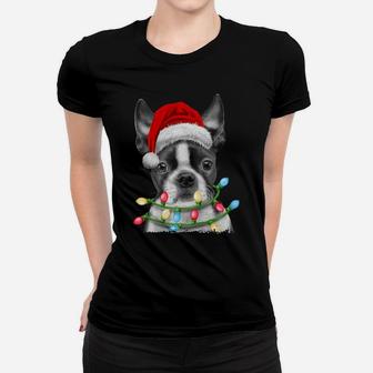 Boston Terrier Santa Christmas Tree Lights Xmas Gifts Boys Women T-shirt | Crazezy CA