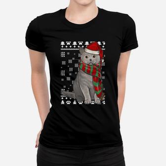 British Shorthair Cat Santa Hat Xmas Ugly Christmas Sweatshirt Women T-shirt | Crazezy