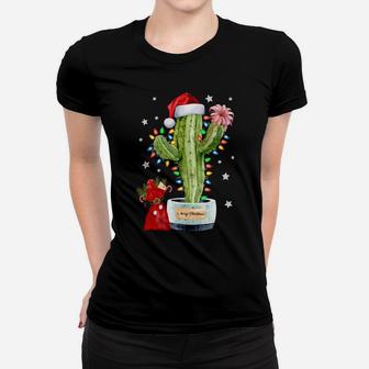 Cactus Christmas Sweater Lights Santa Gifts Xmas Plant Lover Sweatshirt Women T-shirt | Crazezy UK