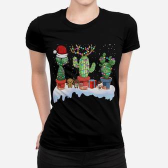 Cactus Santa Reindeer Xmas Lights Succulent Ugly Christmas Sweatshirt Women T-shirt | Crazezy