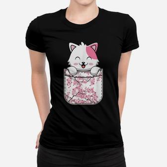 Cat Anime Kawaii Neko Cherry Blossom Sakura Flower Pocket Women T-shirt | Crazezy CA