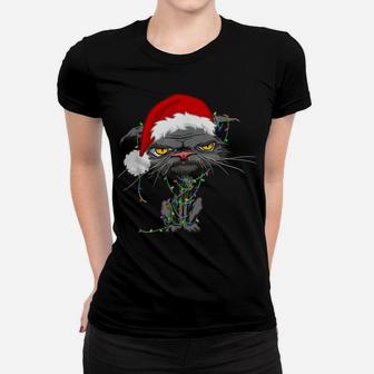 Cat Christmas Lights Grumpy Bored Cat Santa Hat Funny Catmas Women T-shirt | Crazezy CA
