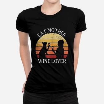 Cat Mother Wine Lover Vintage Women T-shirt | Crazezy