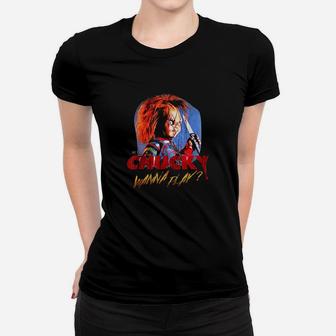 Childs Play Chucky Wanna Play Creepy Portrait Women T-shirt | Crazezy