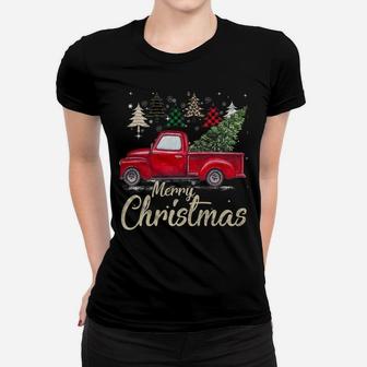 Chrismas Red Truck With Buffalo Plaid And Leopard Xmas Trees Women T-shirt | Crazezy DE