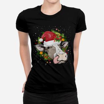 Christmas Cow Head Wreath Cow Wearing Santa Hat Funny Sweatshirt Women T-shirt | Crazezy