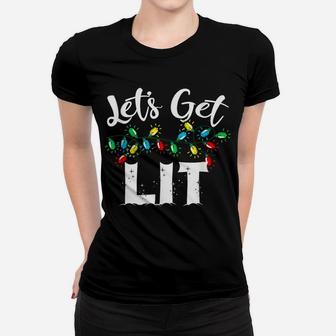Christmas Funny Pajamas Let's Get Lit Drinking Christmas Women T-shirt | Crazezy