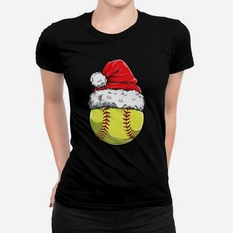 Christmas Softball Ball Santa Hat Funny Sport Xmas Girls Women T-shirt | Crazezy