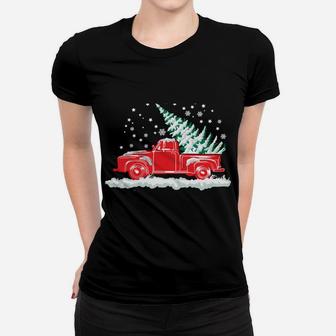 Christmas Tree In Back Of Old Red Pick Up Truck Snowing Women T-shirt | Crazezy