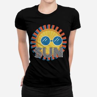 Cool 70S And 80S Sun With Sunglasses Design Women T-shirt - Monsterry