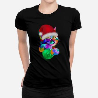 Cute Cat Colorful Funny Santa Hat Christmas Ball Costume Sweatshirt Women T-shirt | Crazezy DE